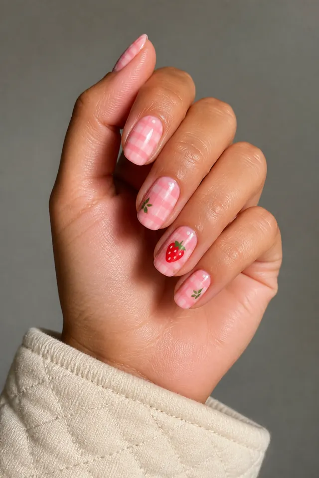 Strawberry gingham with a two-leaf accent on rounded nails, glossy finish, medium skin, hand lifted in soft daylight with connected forearm