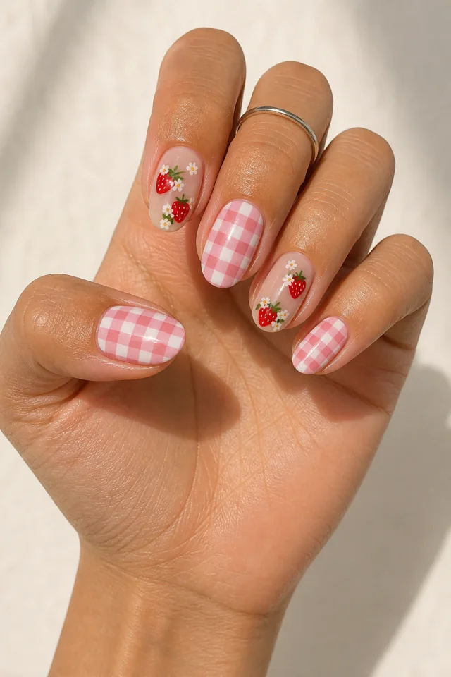 Berry basket gingham in pink and red on medium oval nails, glossy finish, tan skin, hand resting in natural window light with visible wrist