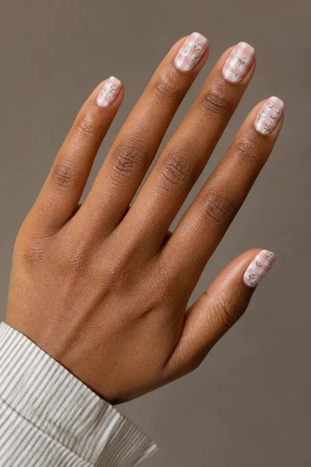 Pink strawberry gingham with green stem details on short squoval nails, glossy finish, deep brown skin, hand turned toward daylight with connected forearm