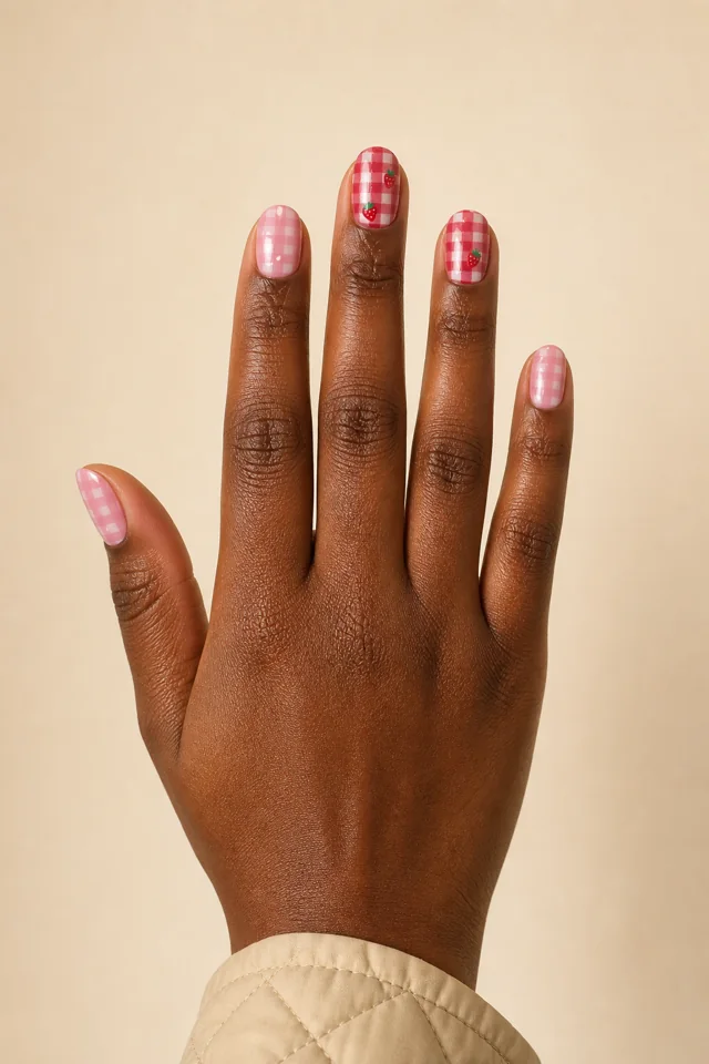 Single strawberry nail beside soft pink gingham accents, rounded shape and glossy finish, rich dark skin, hand resting in daylight with connected forearm