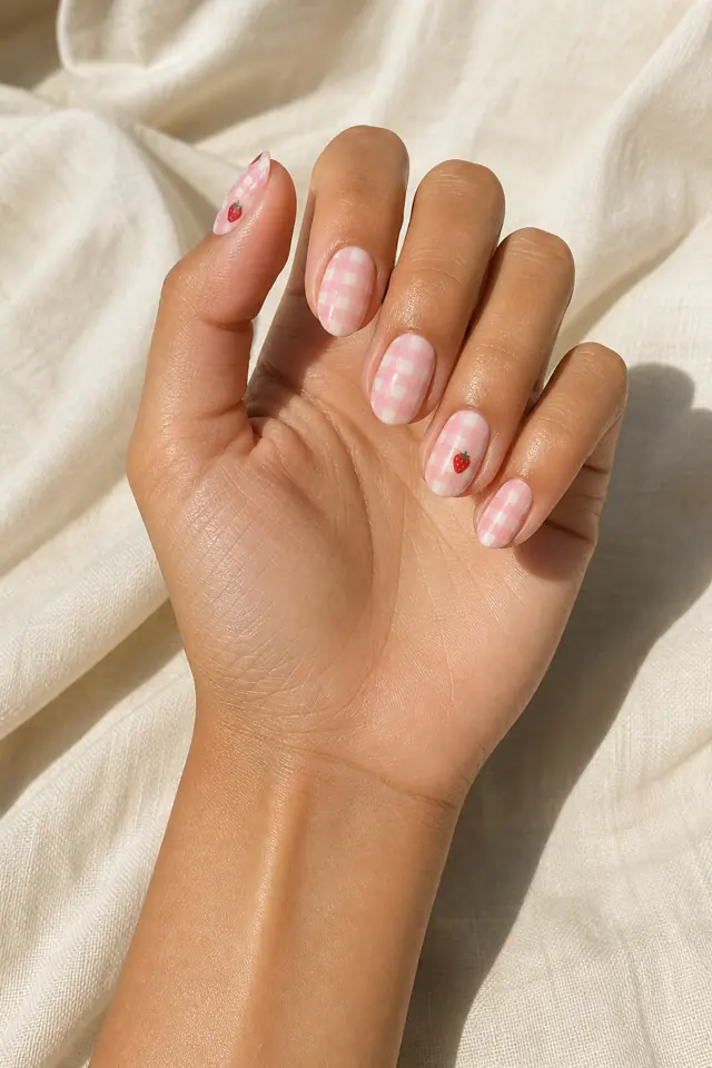Strawberry and pink gingham paired across medium almond nails, glossy finish, fair skin, hand angled in soft daylight with visible wrist and forearm