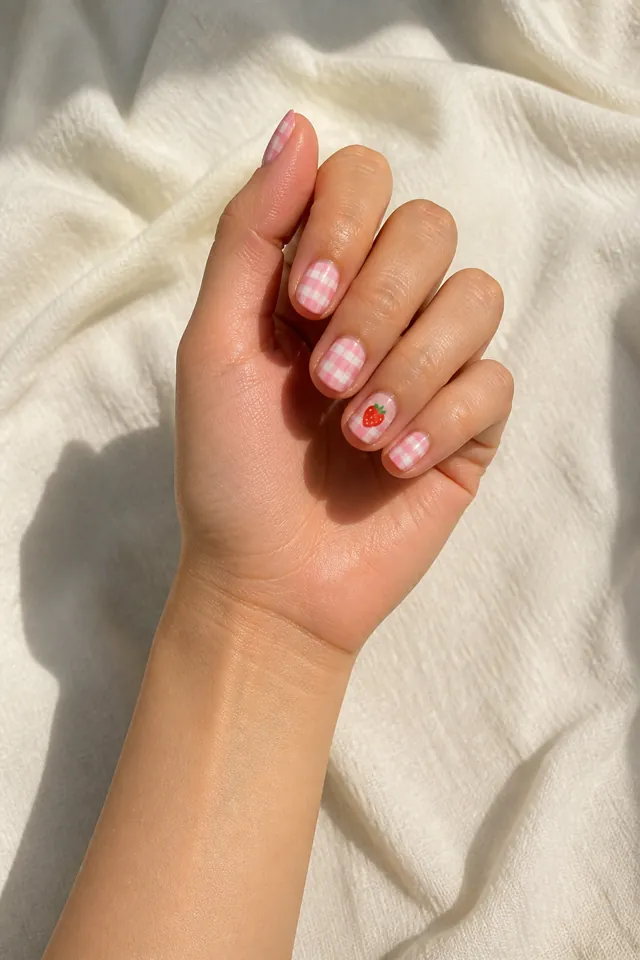 Short glossy strawberry gingham on rounded nails, bright finish, light brown skin, hand resting beside connected forearm in natural daylight