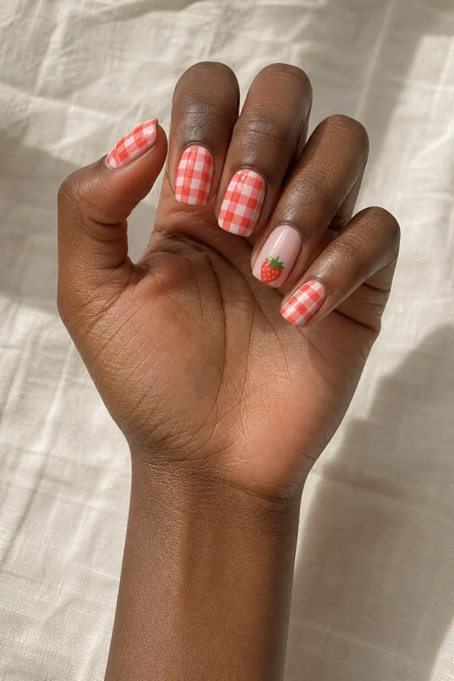 Strawberry milk gingham on medium oval nails, soft glossy finish, deep brown skin, hand posed in window daylight with visible wrist and forearm