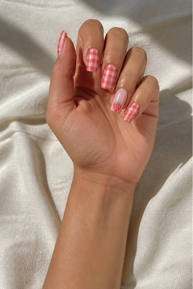 Berry red gingham picnic tips on short almond nails, glossy finish, tan skin, hand turned toward natural window light with connected wrist