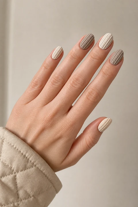 Warm ivory and taupe raised ribbed sweater effect on medium oval nails, soft daylight hand pose, fair skin, satin finish