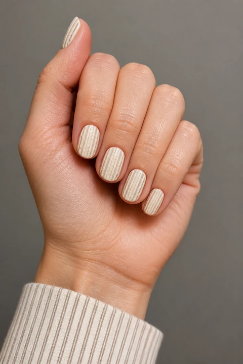 Ivory raised ribbed sweater effect with taupe shading on short rounded oval nails, natural daylight pose, light skin