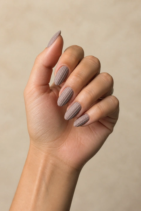 Soft taupe sweater effect with cream knit lines on medium almond nails, relaxed daylight hand pose, light olive skin, matte finish