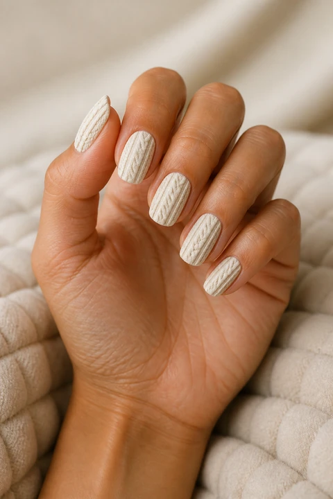 Cream oatmeal sculpted cable sweater effect on medium squoval nails, natural window light hand pose, fair skin, matte finish