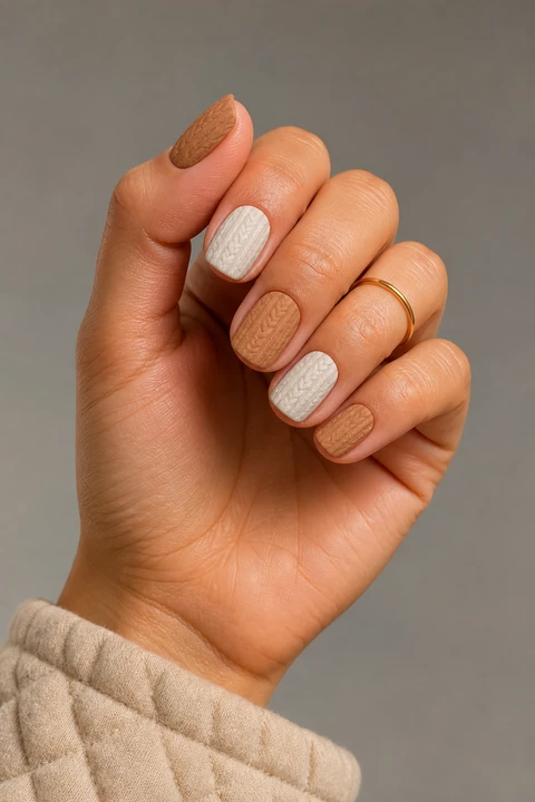 Warm camel and ivory raised ribbed sweater effect on short rounded-square nails, daylight hand pose, medium skin, mixed matte and satin finish