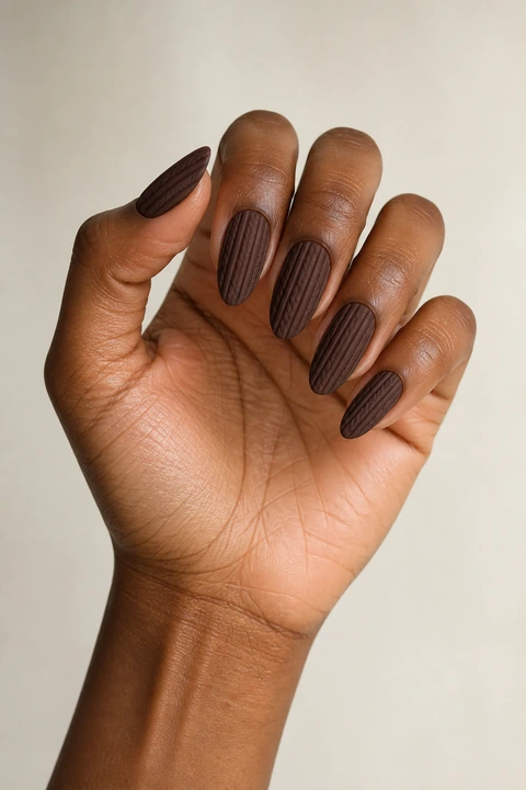 Deep cocoa matte sweater effect with raised vertical ribs on medium almond nails, natural daylight hand pose, deep brown skin