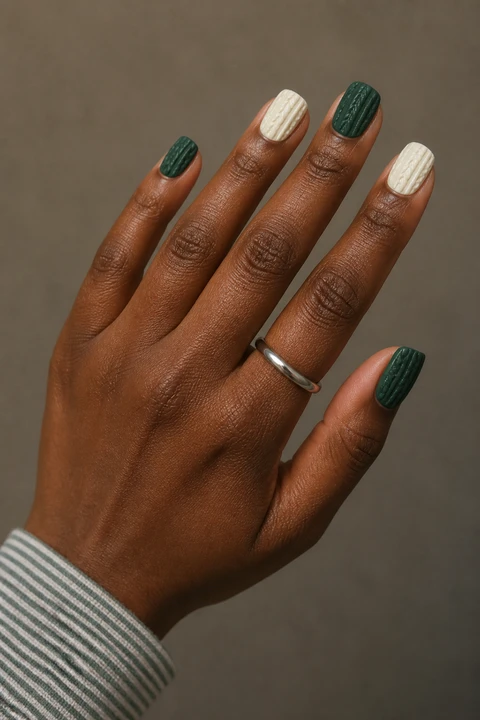 Forest green and cream knit sweater effect with fine ribs on short squoval nails, daylight hand pose, deep brown skin, matte finish