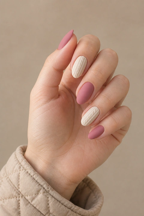 Dusty rose nails with cream raised cable accents on medium oval nails, natural daylight hand pose, fair skin, satin finish