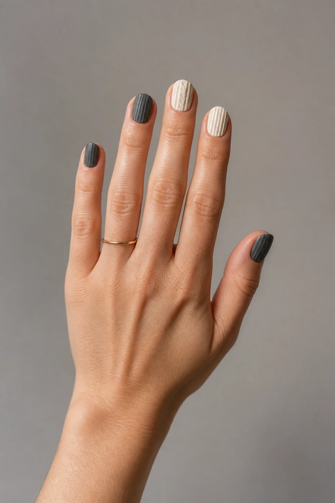 Charcoal gray and ivory raised ribbed sweater effect on short rounded nails, soft daylight hand pose, medium-deep skin, satin finish