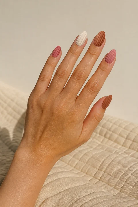 Cinnamon, cream, and dusty rose sweater effect with raised ribs on medium oval nails, natural daylight hand pose, tan skin, soft matte finish