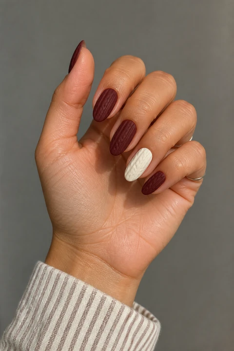 Burgundy base with cream raised cable accent on short almond nails, soft daylight hand pose, medium-deep skin, matte and satin finish