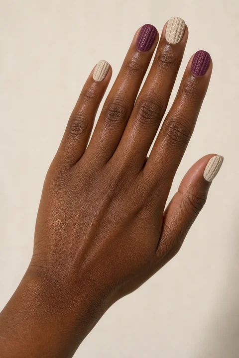 Plum and oatmeal raised ribbed knit sweater effect on short rounded-square nails, natural daylight hand pose, rich brown skin, satin finish