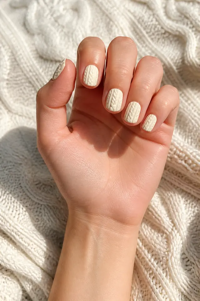 Cream ribbed knit texture on short oval nails, soft glossy finish, fair skin, hand resting in natural daylight with connected forearm