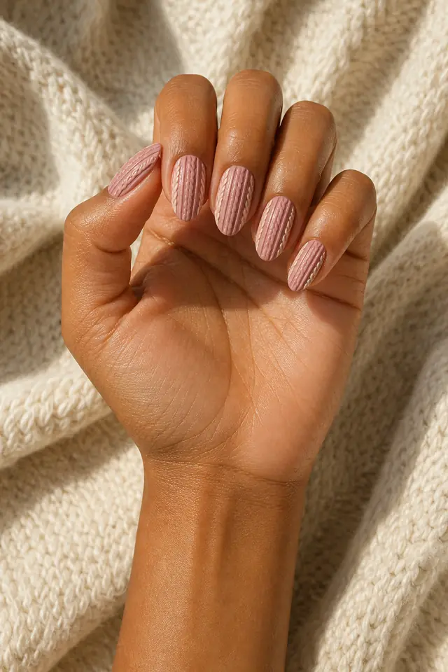 Oatmeal cable stripe texture on medium almond nails, matte finish, light skin, hand angled toward soft window light with visible wrist and forearm