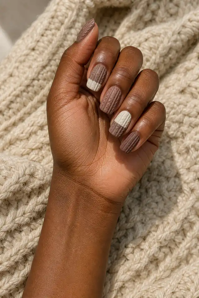 Taupe ribbed texture on short square nails, soft matte finish, olive skin, hand posed with connected forearm in daylight