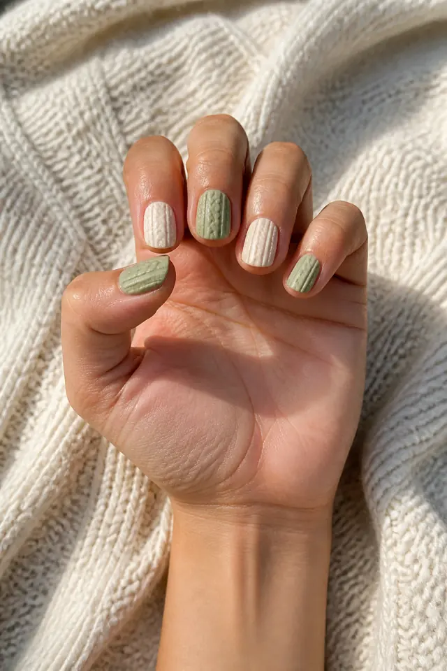 Cinnamon sweater texture on rounded nails, glossy finish, medium skin, hand lifted in soft daylight with connected wrist