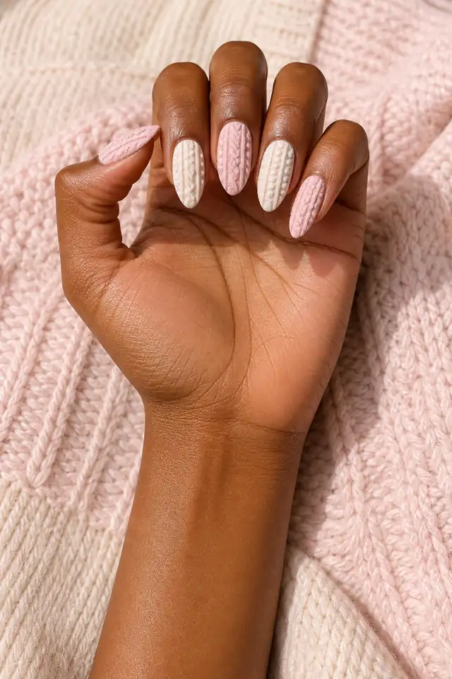 Berry knit texture on medium oval nails, glossy finish, tan skin, hand resting in natural window light with visible forearm