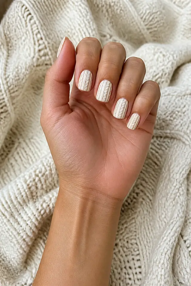 Chocolate ribbed sweater texture on short squoval nails, soft glossy finish, deep brown skin, hand turned toward daylight with connected forearm