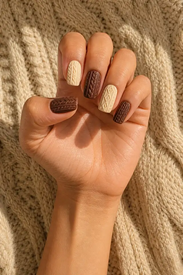 One cream knit accent nail beside glossy neutral nails, rounded shape, rich dark skin, hand resting in daylight with connected forearm