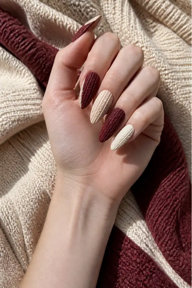 Ribbed French accent on a sheer base with textured tips, glossy finish, medium olive skin, hand raised in soft daylight with connected forearm