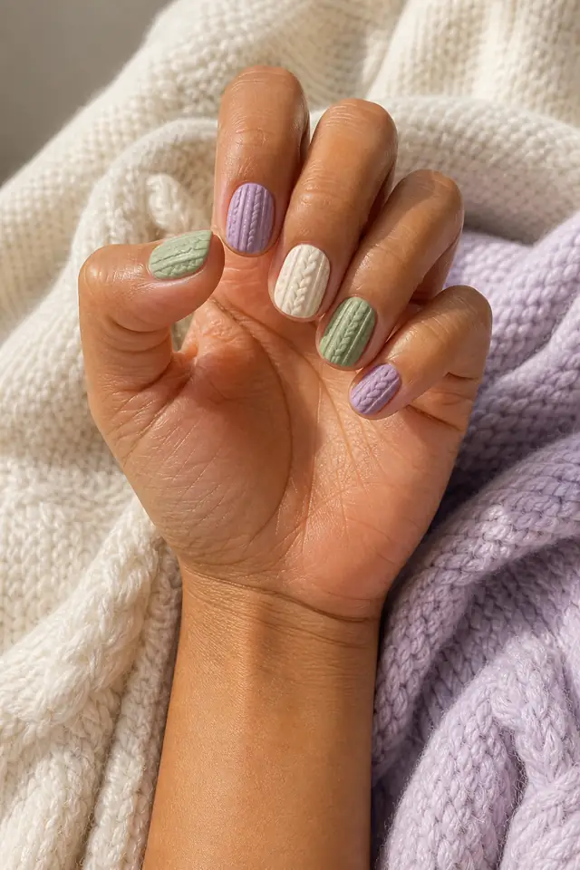 Short mocha knit texture on rounded nails, glossy finish, light brown skin, hand resting beside connected forearm in natural daylight