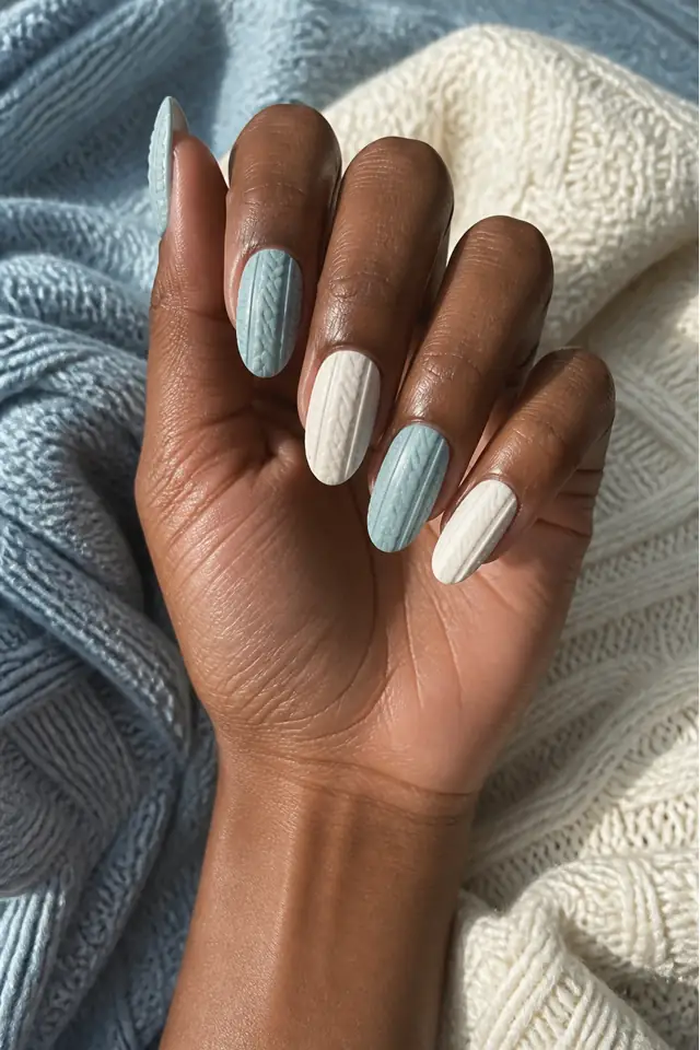 Sage green winter rib texture on medium square nails, matte finish, deep brown skin, hand posed in window daylight with visible wrist and forearm