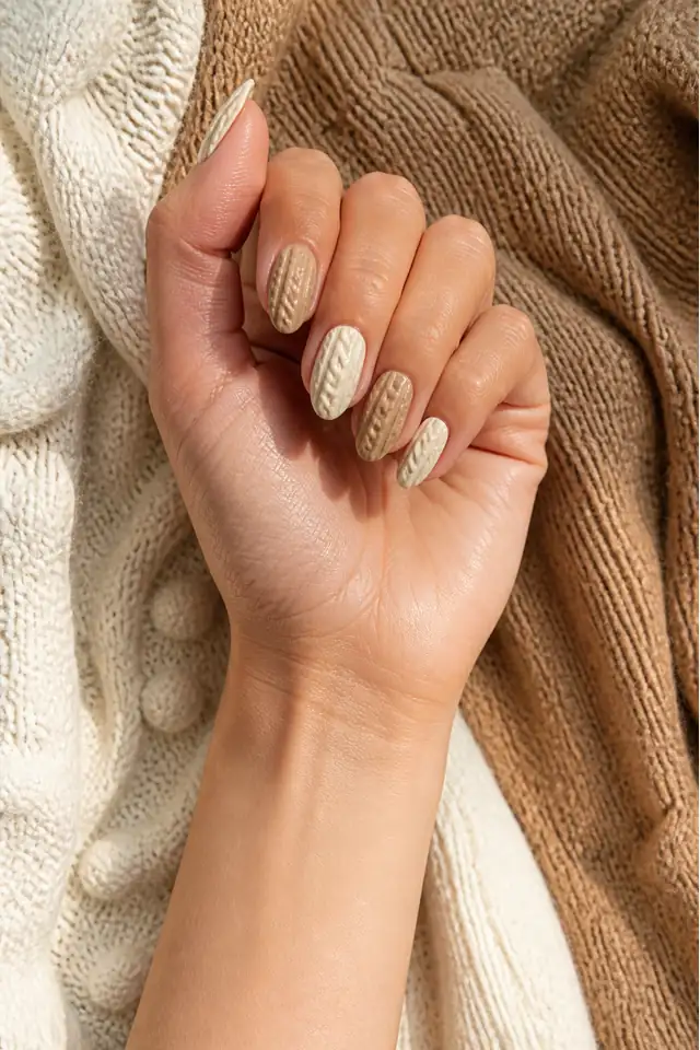 Vanilla knit texture with glossy highlights on medium oval nails, soft finish, tan skin, hand turned toward natural window light with connected forearm