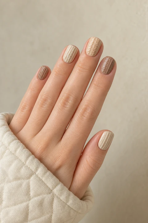 Cream and taupe ribbed sweater print on short rounded nails, soft daylight hand pose, fair skin, satin finish