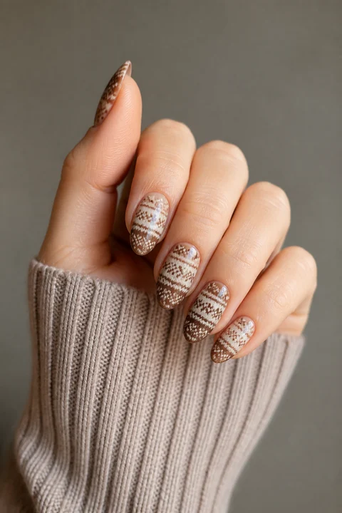 Brown and ivory Fair Isle geometric sweater print on medium almond nails, natural daylight hand pose, light skin, glossy finish