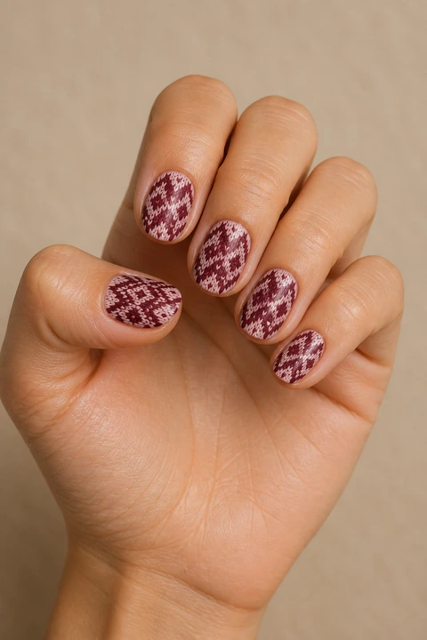 Burgundy and blush knitted diamond sweater print on short oval nails, soft daylight hand pose, light olive skin, satin finish