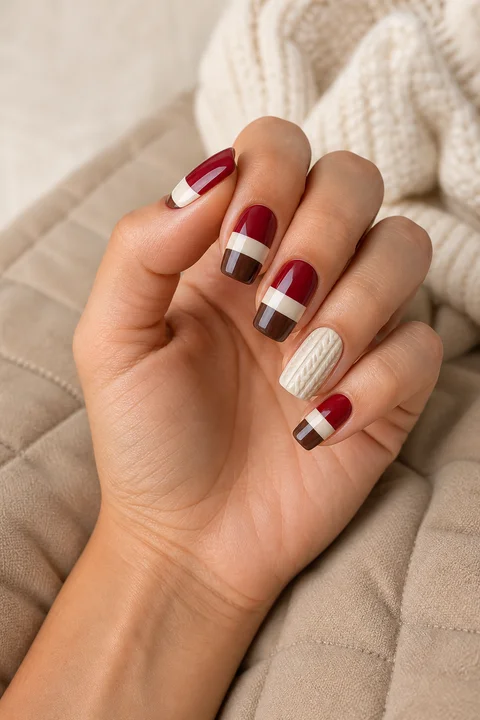 Red, cream, and cocoa sweater bands with a white knit accent on medium squoval nails, natural window light hand pose, medium skin, glossy finish