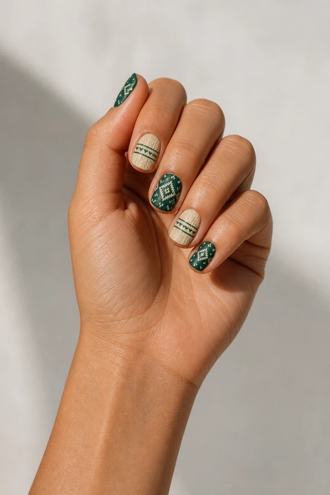 Forest green and cream Fair Isle sweater print on short rounded-square nails, soft daylight hand pose, tan skin, glossy finish