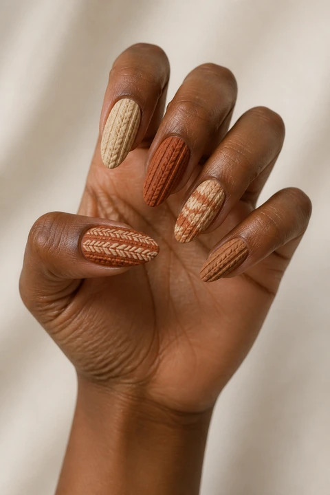 Rust, camel, and cream woven sweater print on medium almond nails, natural daylight hand pose, deep brown skin, satin finish