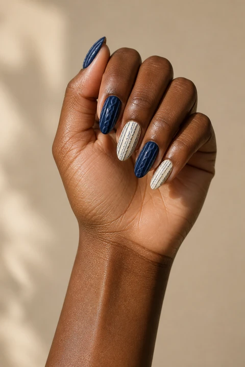 Navy and cream diagonal cable sweater print on medium almond nails, natural daylight hand pose, rich brown skin, satin finish