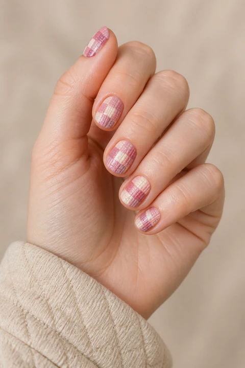 Pink, cream, and mauve sweater check print on short rounded nails, soft daylight hand pose, fair skin, satin finish