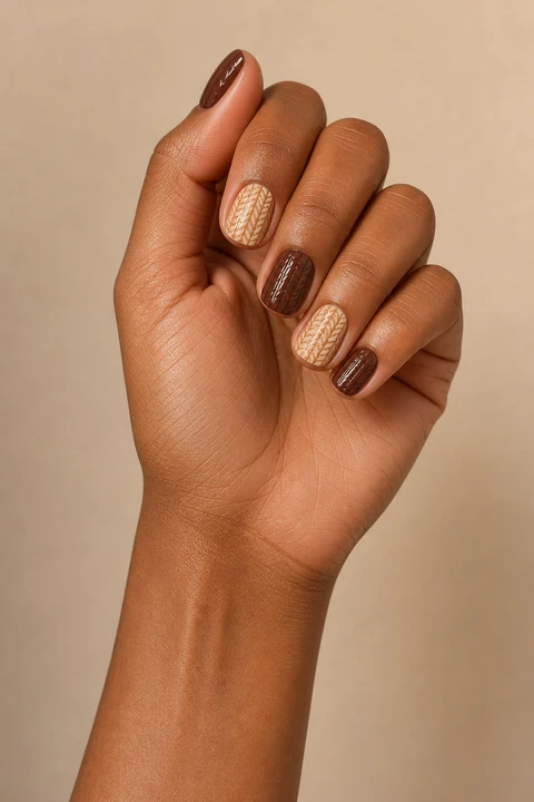 Chocolate and caramel herringbone sweater print on short squoval nails, natural daylight hand pose, medium skin, glossy finish