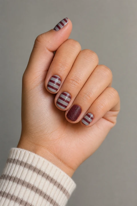 Gray and cranberry horizontal sweater stripes on very short squoval nails, soft daylight hand pose, light olive skin, glossy finish