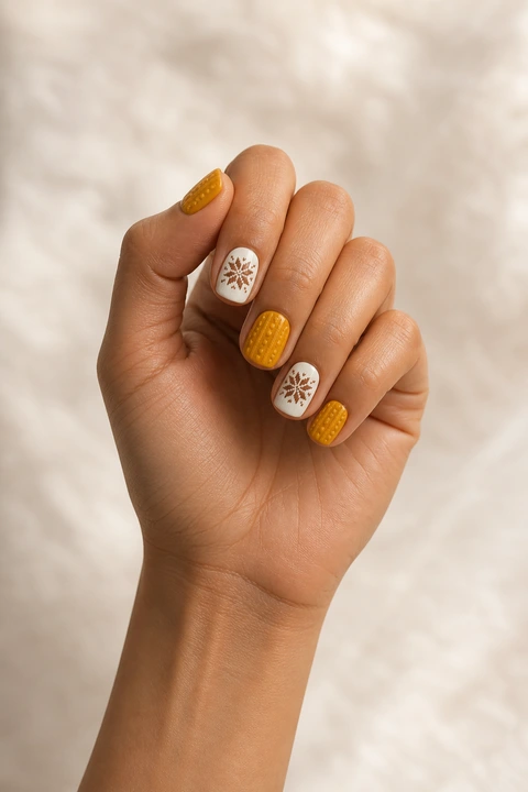 Mustard, cream, and chestnut chunky sweater motif on short rounded-square nails, natural daylight hand pose, tan skin, satin finish