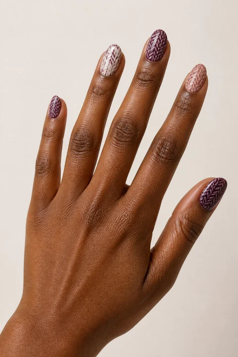 Plum, cream, and rose herringbone sweater print on medium almond nails, soft daylight hand pose, deep brown skin, satin finish