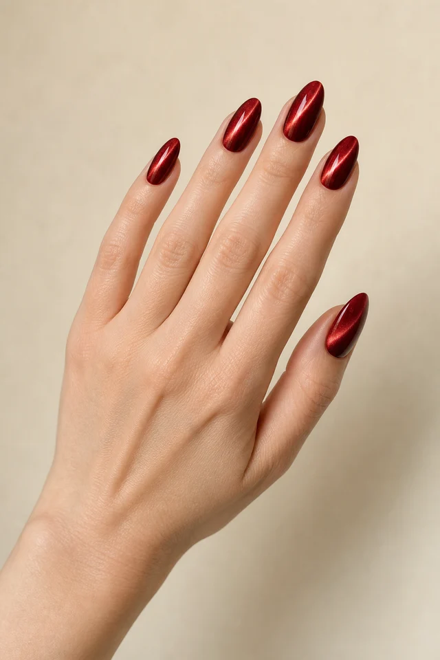 magnetic red cat eye almond nails on a fair hand with a connected wrist