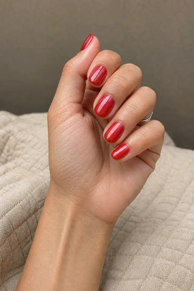 glazed red donut oval nails on a medium tan hand in soft daylight