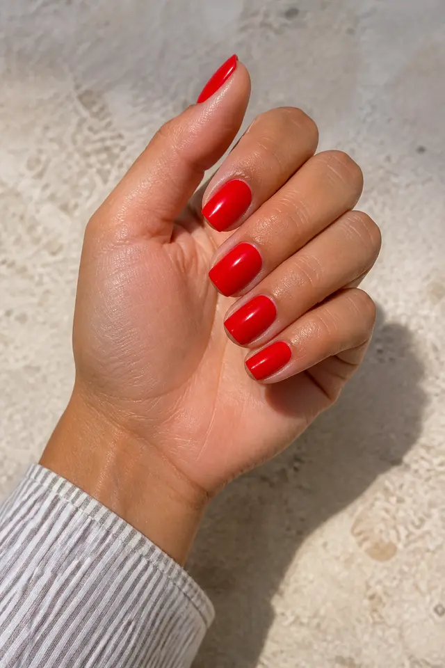 glossy tomato red squoval nails on a deep brown hand with a visible forearm