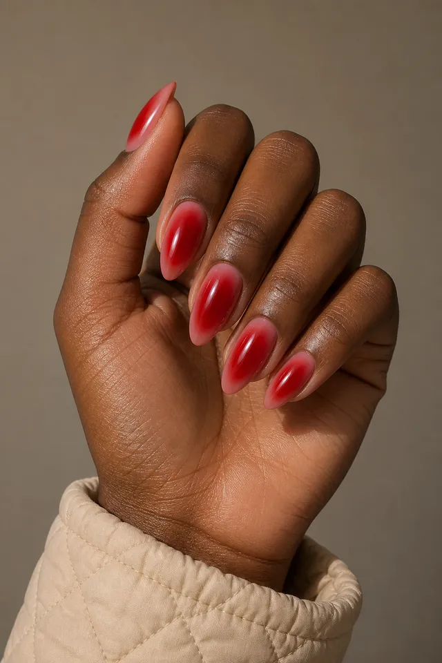 red aura almond nails on a light olive hand in natural window light