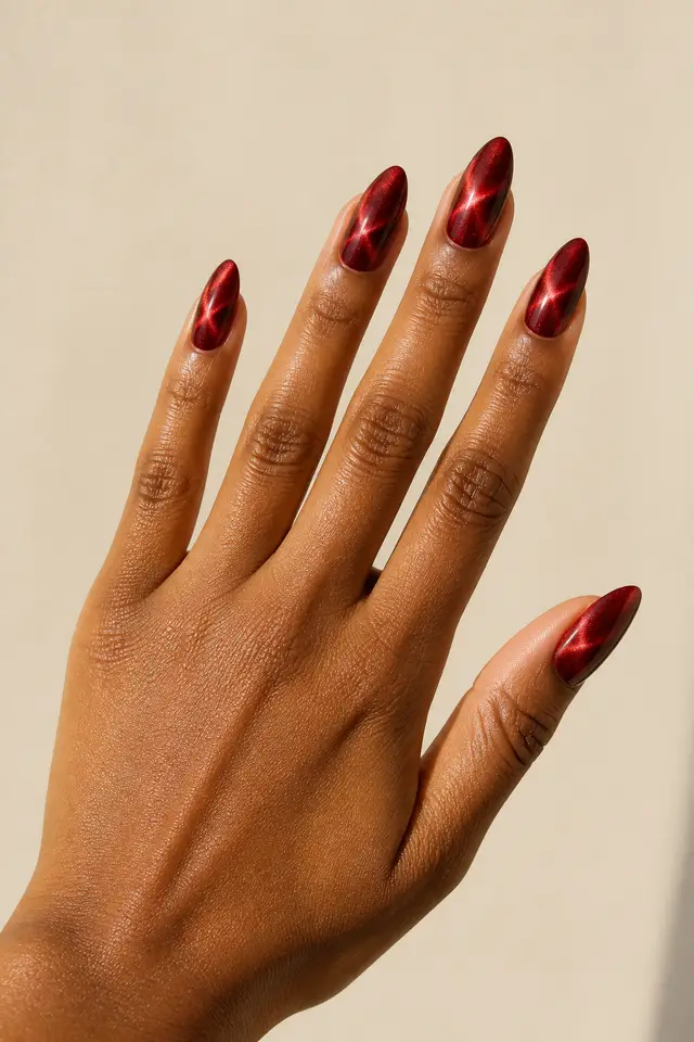 mismatched trendy red nails on a warm brown hand with five visible nails