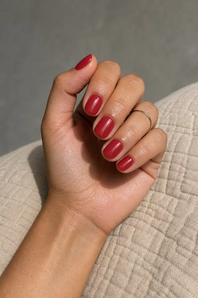 translucent red jelly nails on a fair hand with a connected wrist