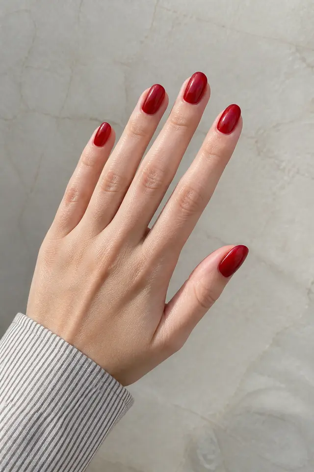 red cat eye French tip nails on a rich brown hand in natural daylight